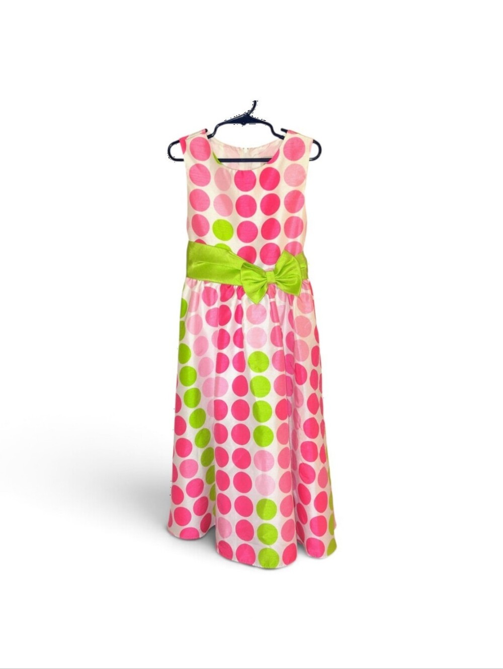 Girls Pink and Lime Polka Dot Bow Waist Party Dress